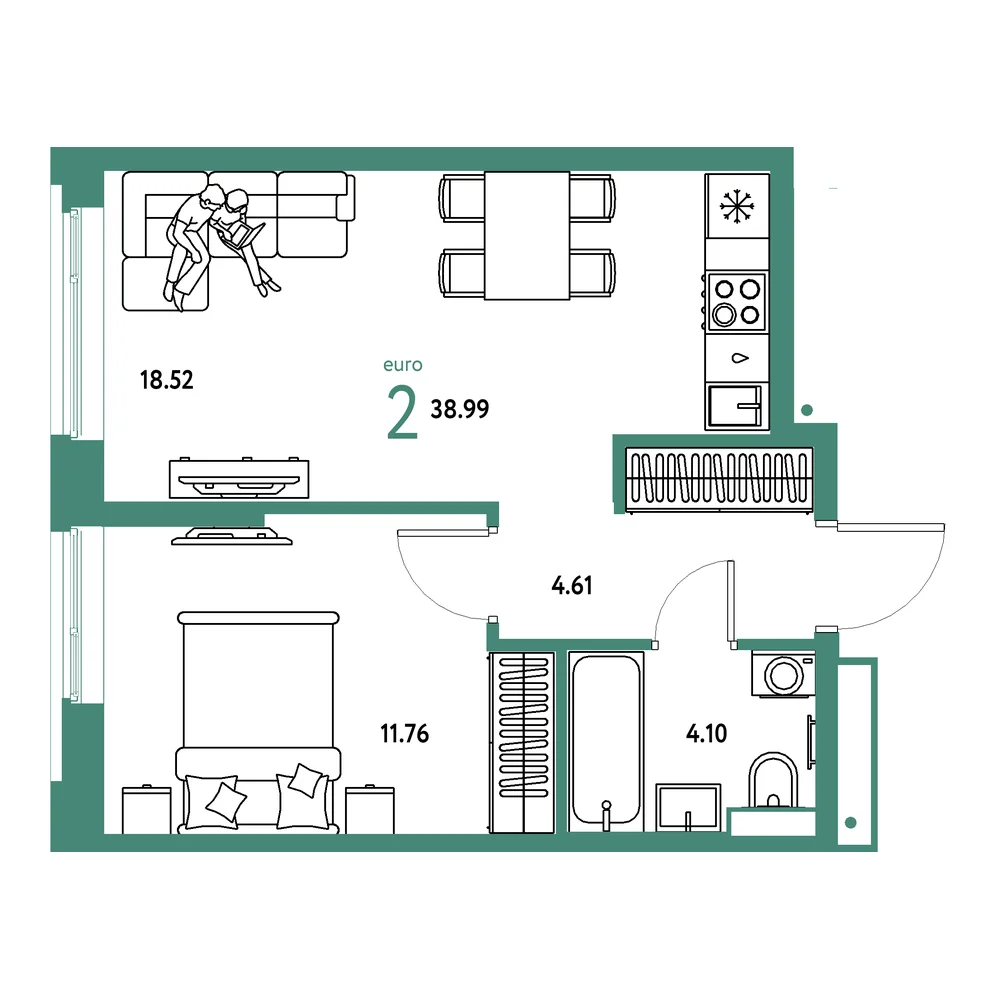 Планировка: Авторский 2-комнатная 38,99м²