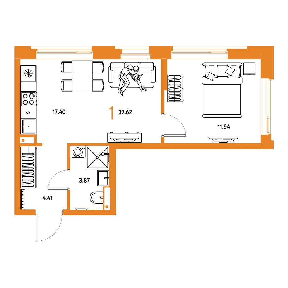 Планировка: Авторский 1-комнатная 37,62м²