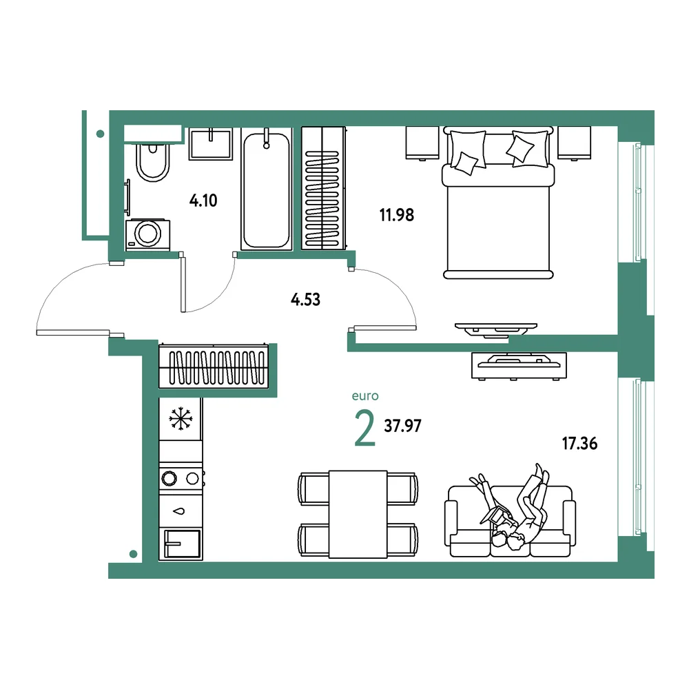 Планировка: Авторский 2-комнатная 37,97м²