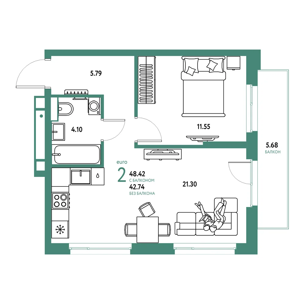 Планировка: Авторский 2-комнатная 48,42м²