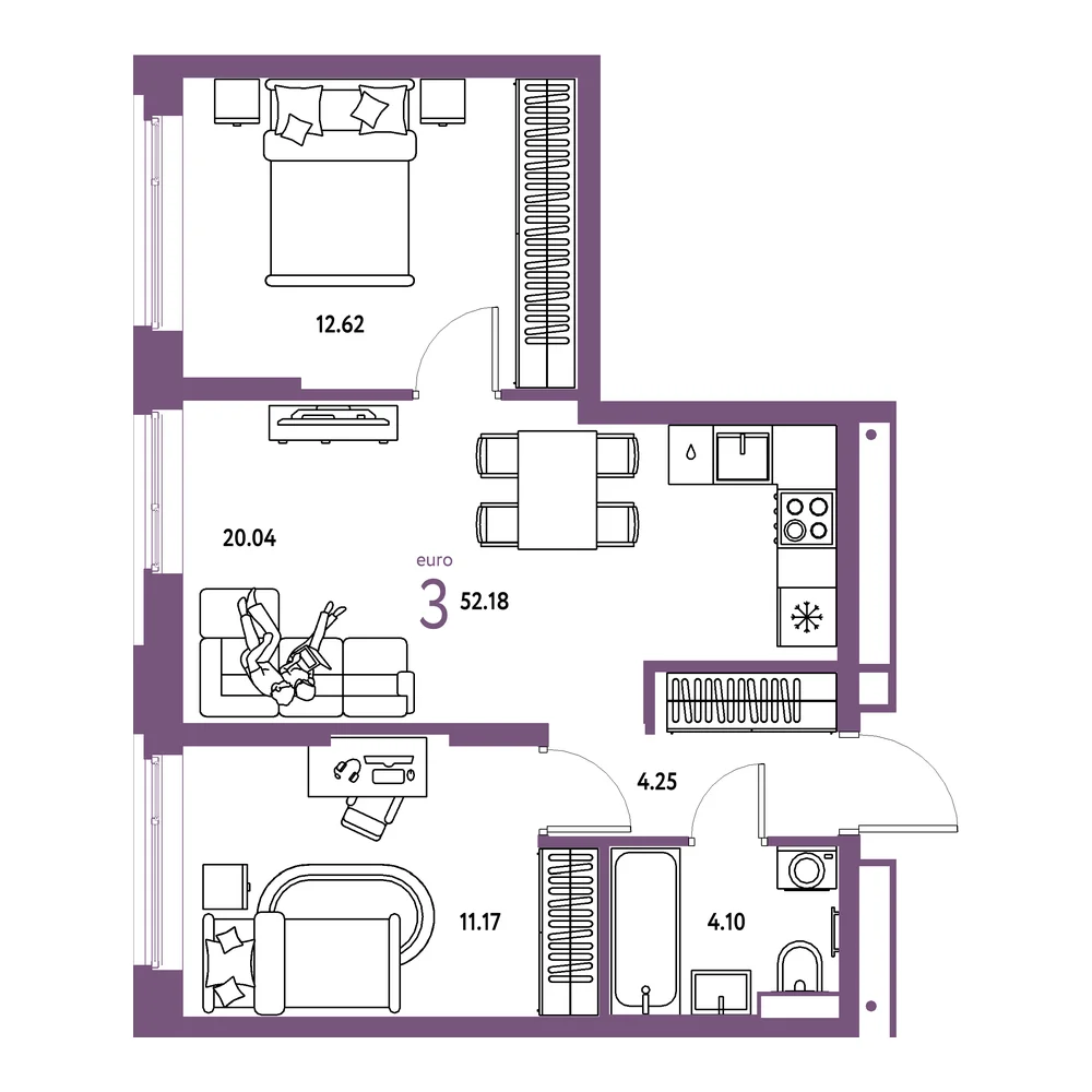 Планировка: Авторский 3-комнатная 52,18м²