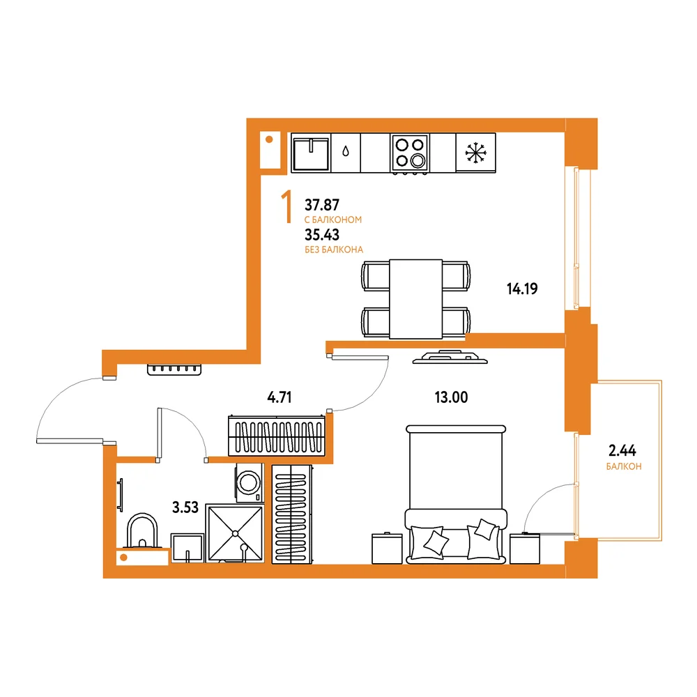 Планировка: Авторский 1-комнатная 37,87м²