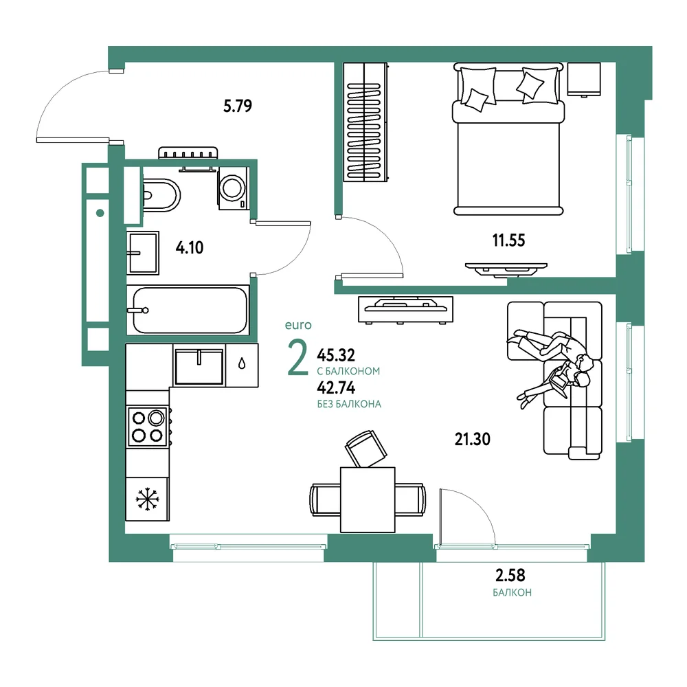 Планировка: Авторский 2-комнатная 45,32м²