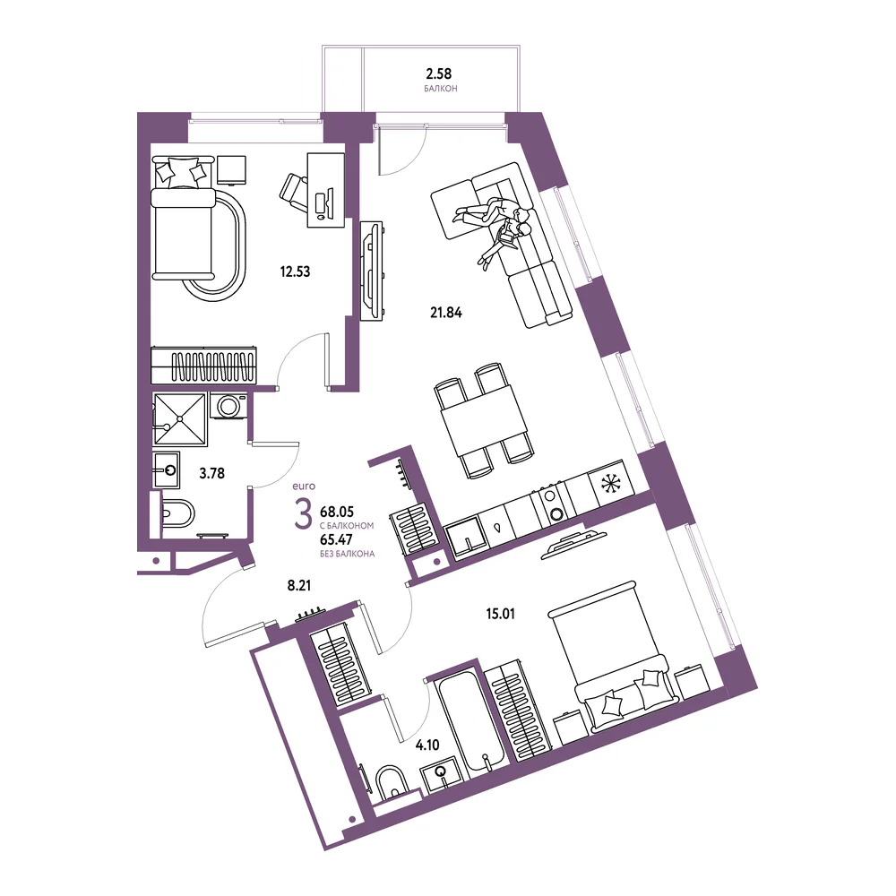 Планировка: Авторский 3-комнатная 68,05м²