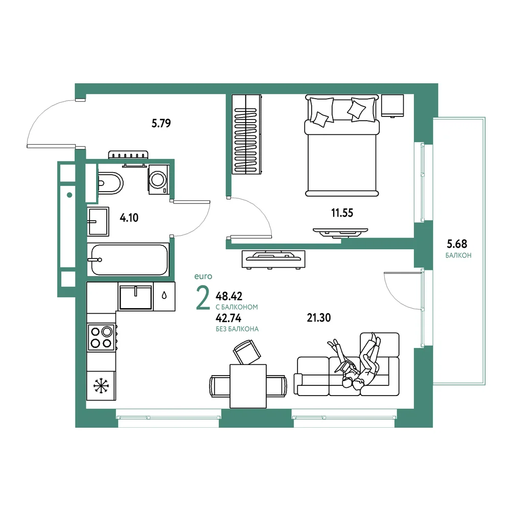 Планировка: Авторский 2-комнатная 48,42м²
