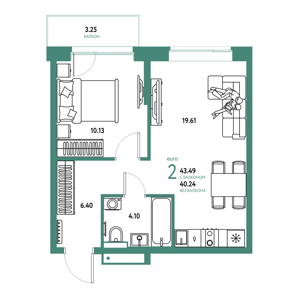 Планировка: Авторский 2-комнатная 43,49м²