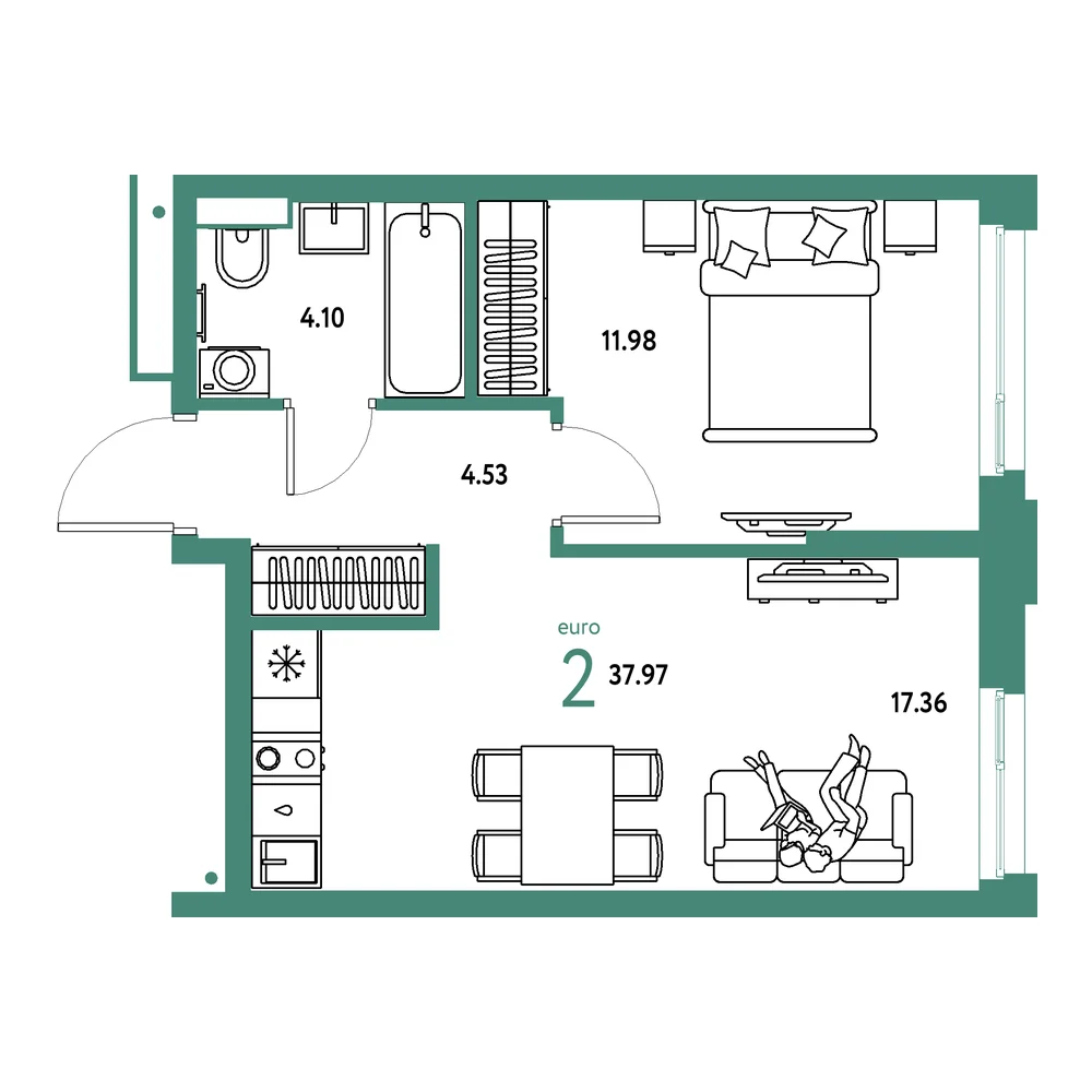Планировка: Авторский 2-комнатная 37,97м²