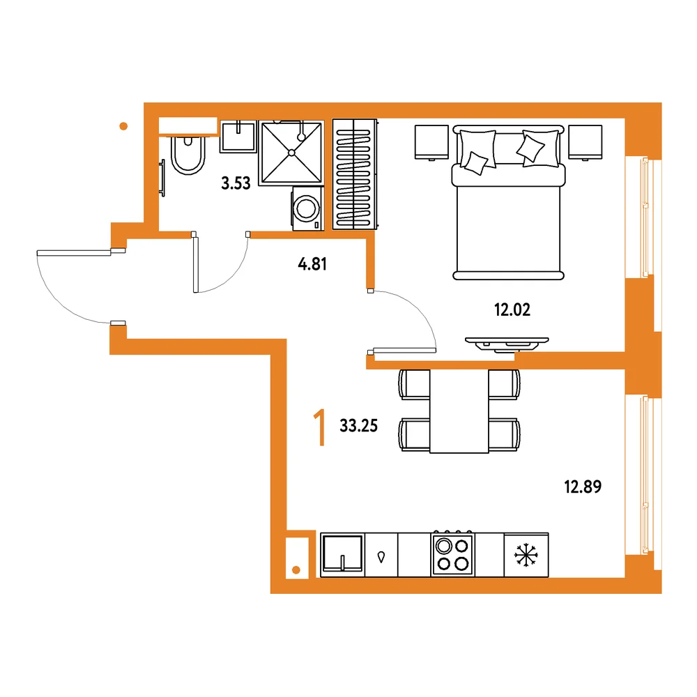 Планировка: Авторский 1-комнатная 33,25м²