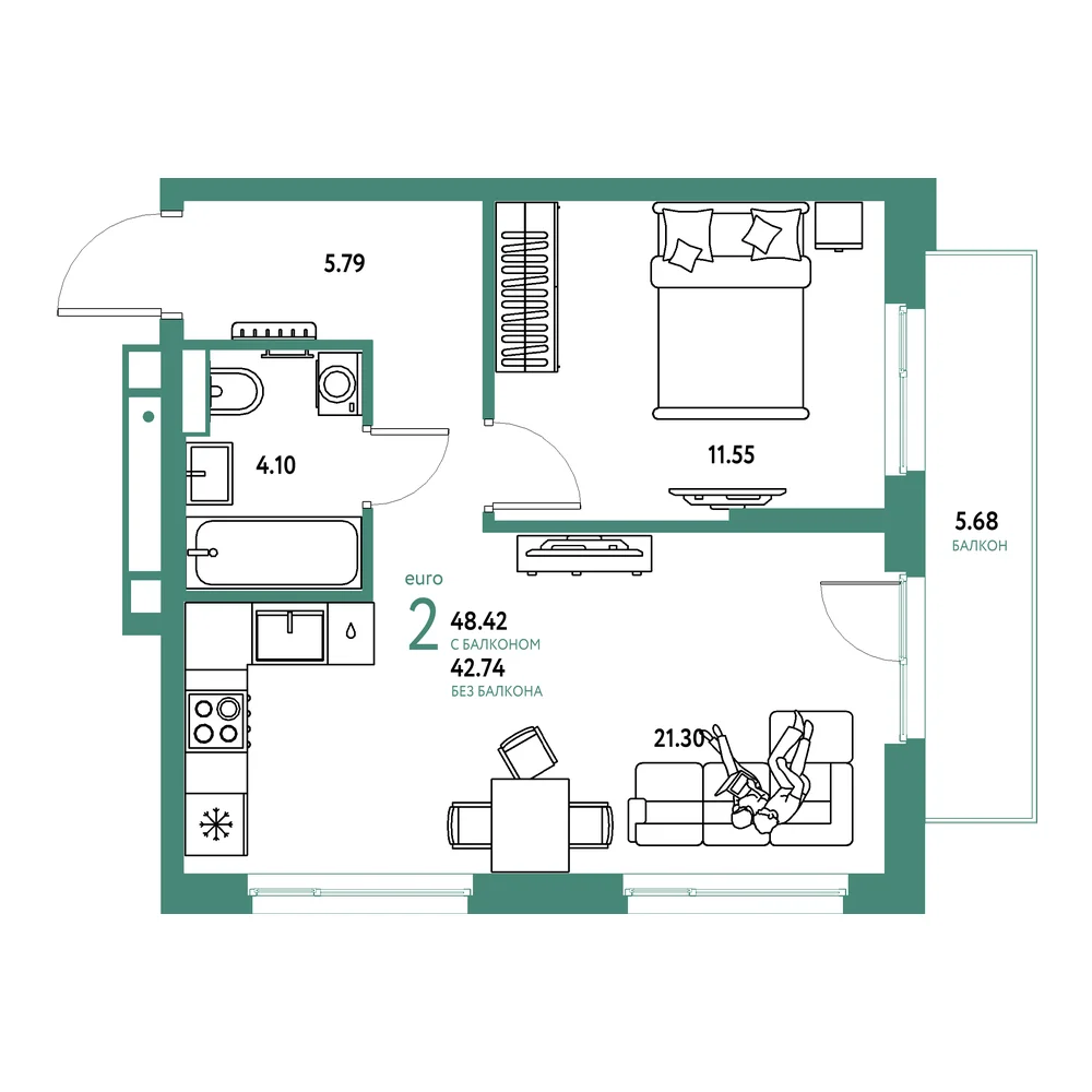 Планировка: Авторский 2-комнатная 48,42м²