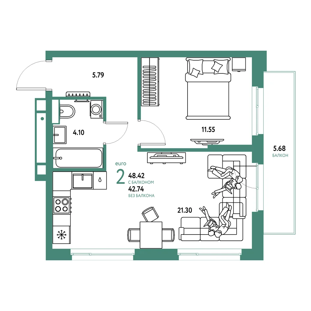 Планировка: Авторский 2-комнатная 48,42м²