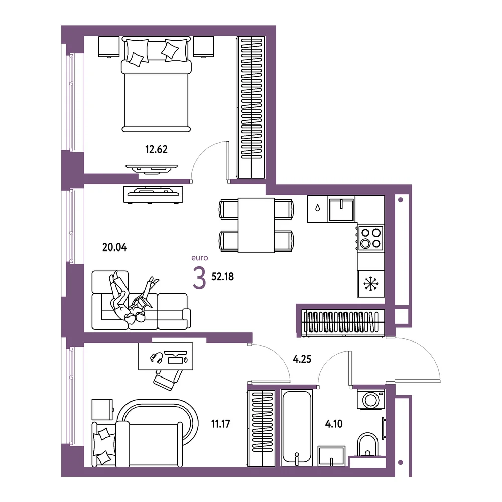 Планировка: Авторский 3-комнатная 52,18м²