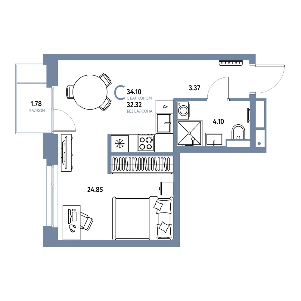 Планировка: Авторский Студия 34,10м²