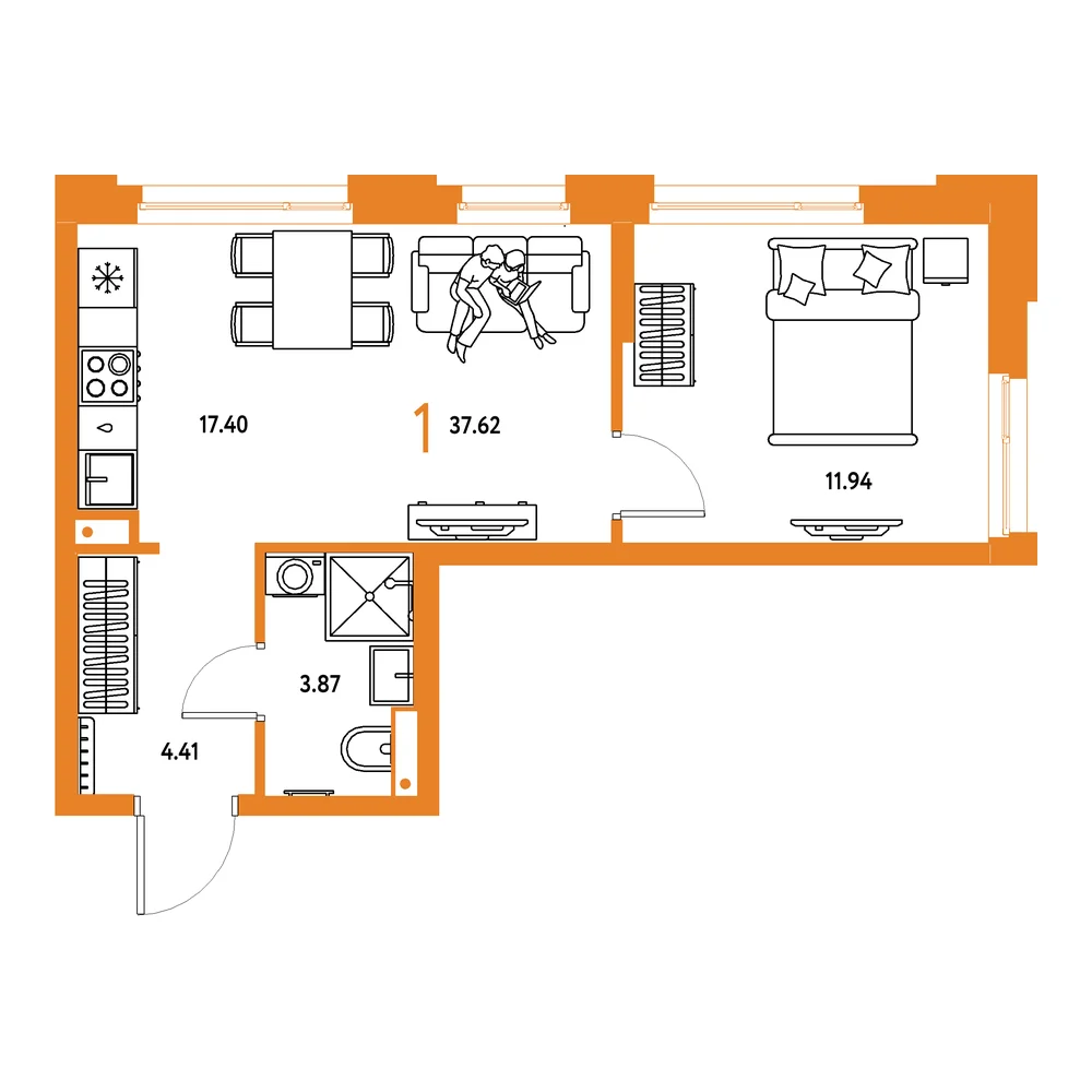 Планировка: Авторский 1-комнатная 37,62м²
