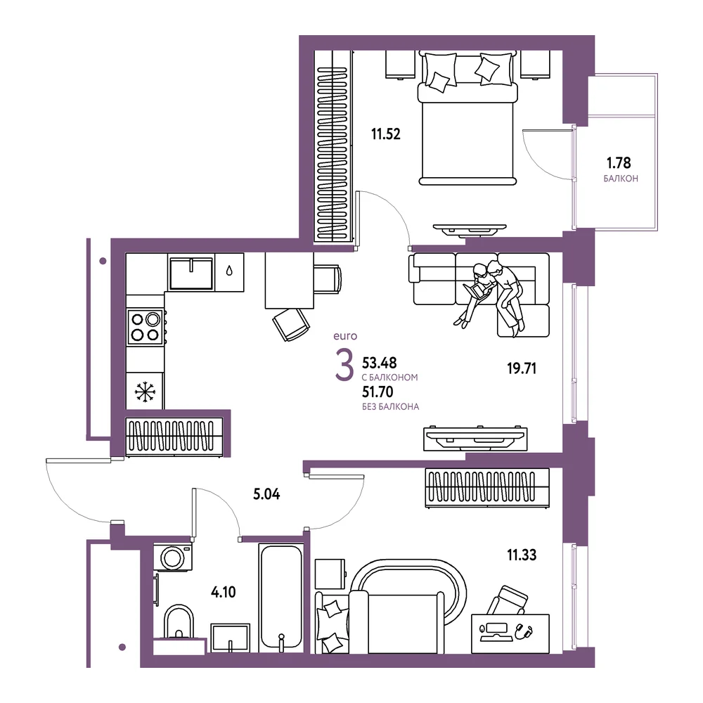 Планировка: Авторский 3-комнатная 53,48м²