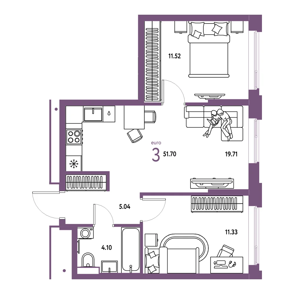 Планировка: Авторский 3-комнатная 51,70м²