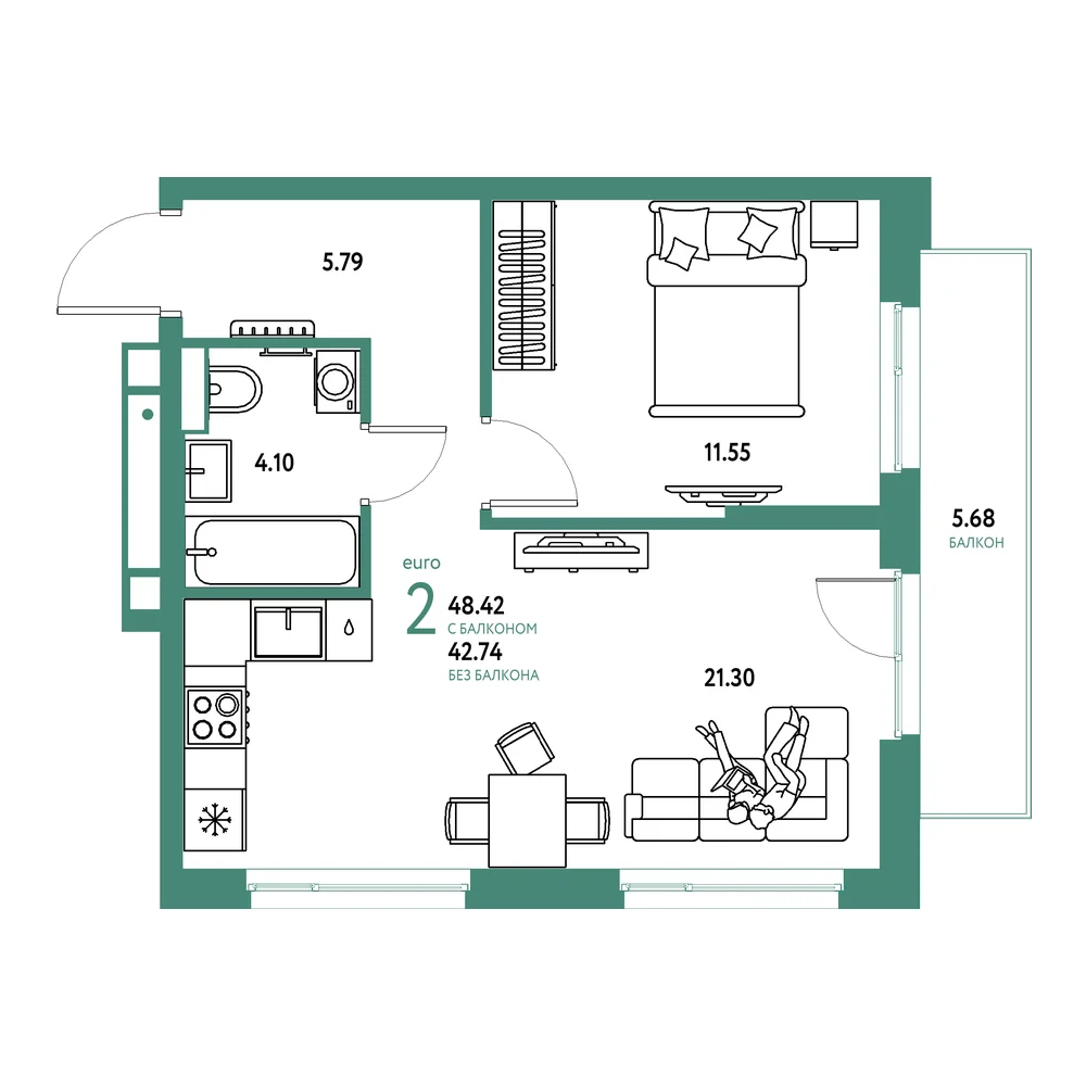 Планировка: Авторский 2-комнатная 48,42м²
