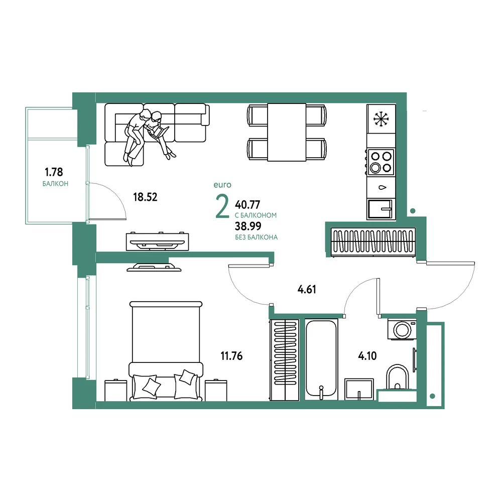 Планировка: Авторский 2-комнатная 40,77м²