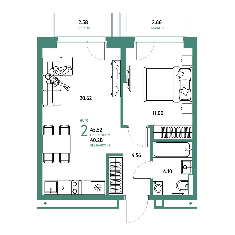 Планировка: Авторский 2-комнатная 45,52м²