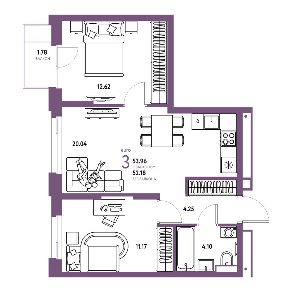 Планировка: Авторский 3-комнатная 53,96м²