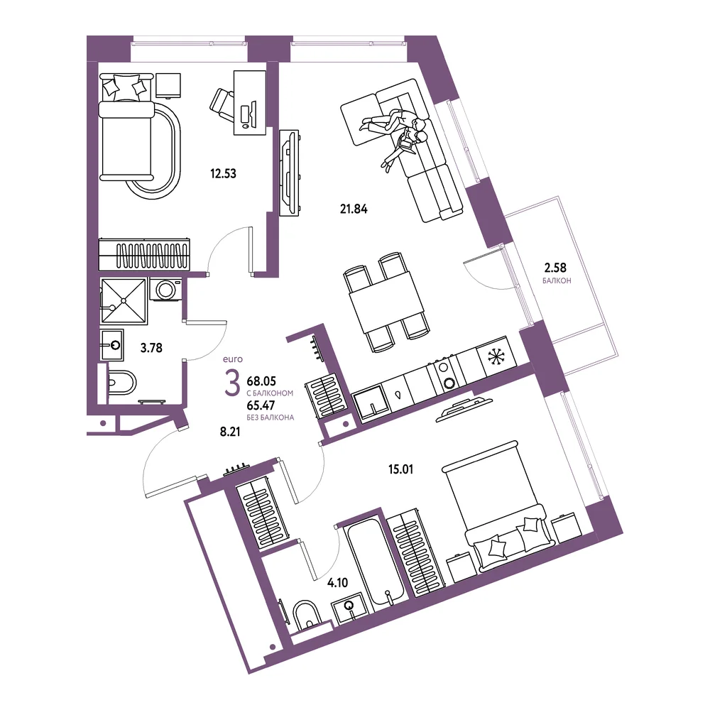 Планировка: Авторский 3-комнатная 68,05м²