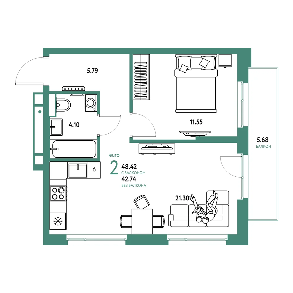 Планировка: Авторский 2-комнатная 48,42м²