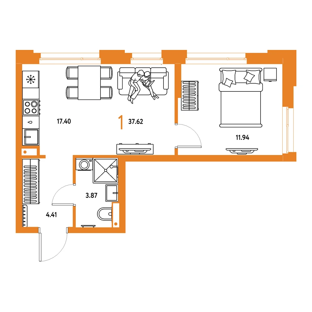 Планировка: Авторский 1-комнатная 37,62м²