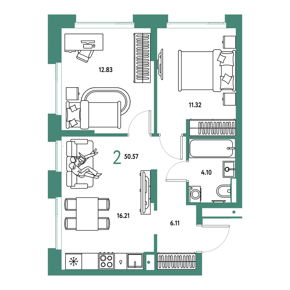 Планировка: Авторский 2-комнатная 50,57м²