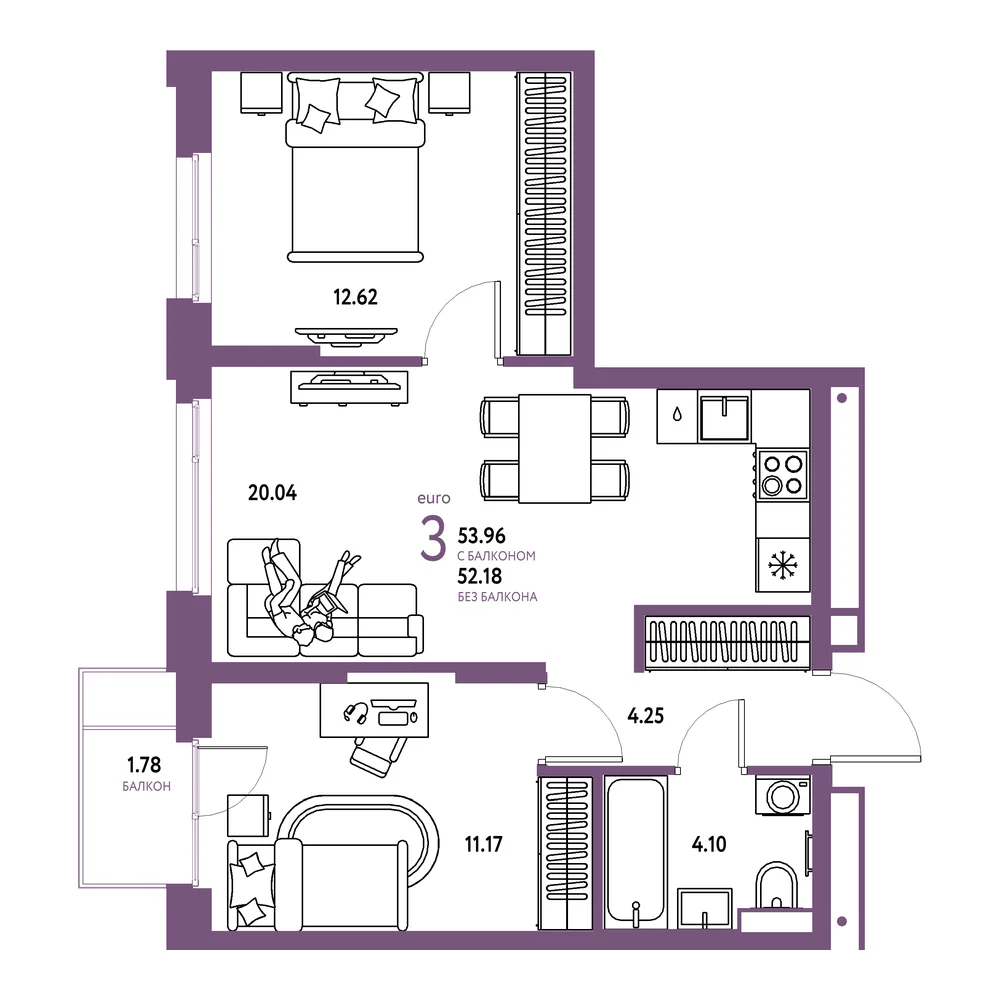 Планировка: Авторский 3-комнатная 53,96м²