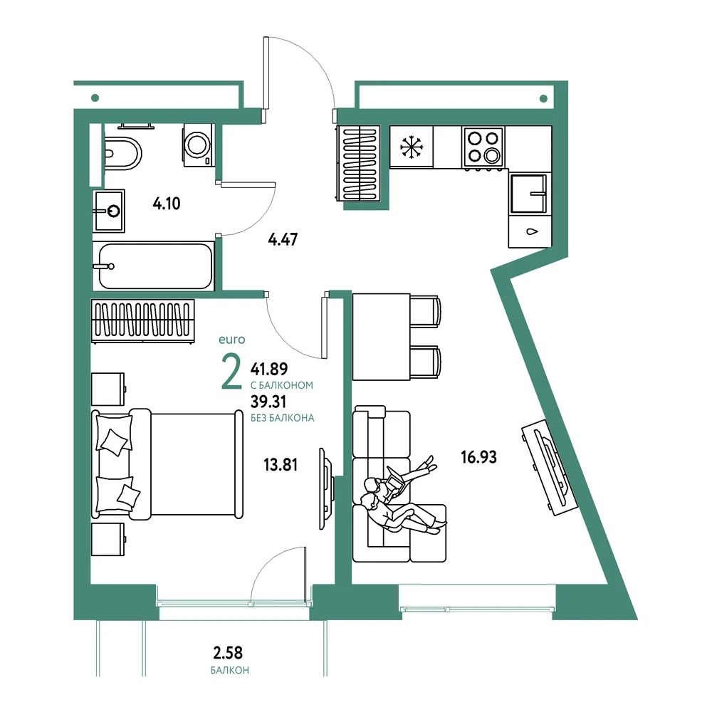 Планировка: Авторский 2-комнатная 41,89м²