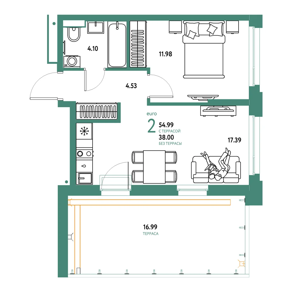 Планировка: Авторский 2-комнатная 54,99м²