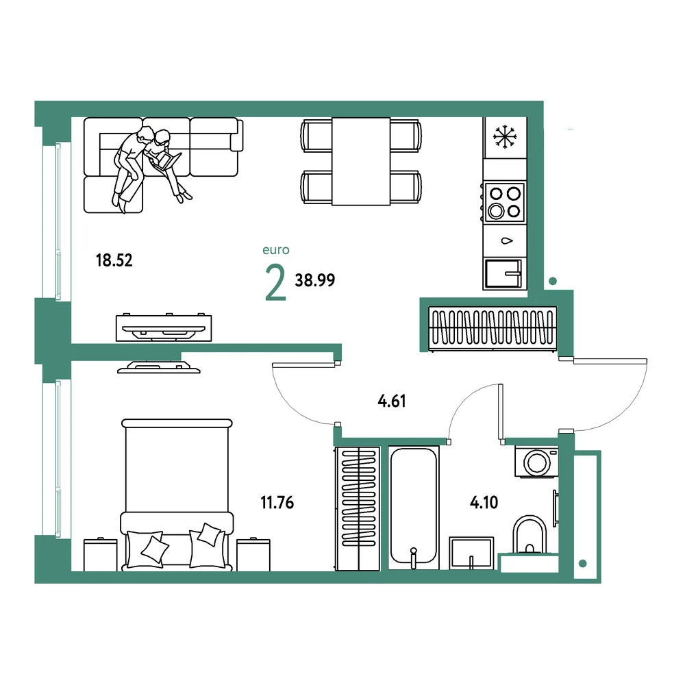 Планировка: Авторский 2-комнатная 38,99м²