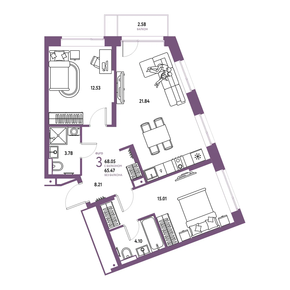 Планировка: Авторский 3-комнатная 68,05м²