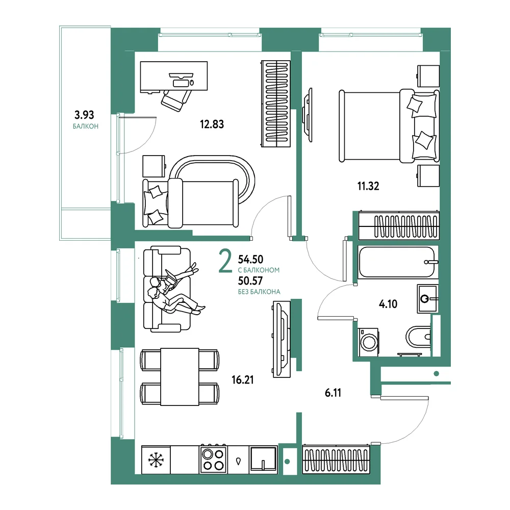 Планировка: Авторский 2-комнатная 54,50м²
