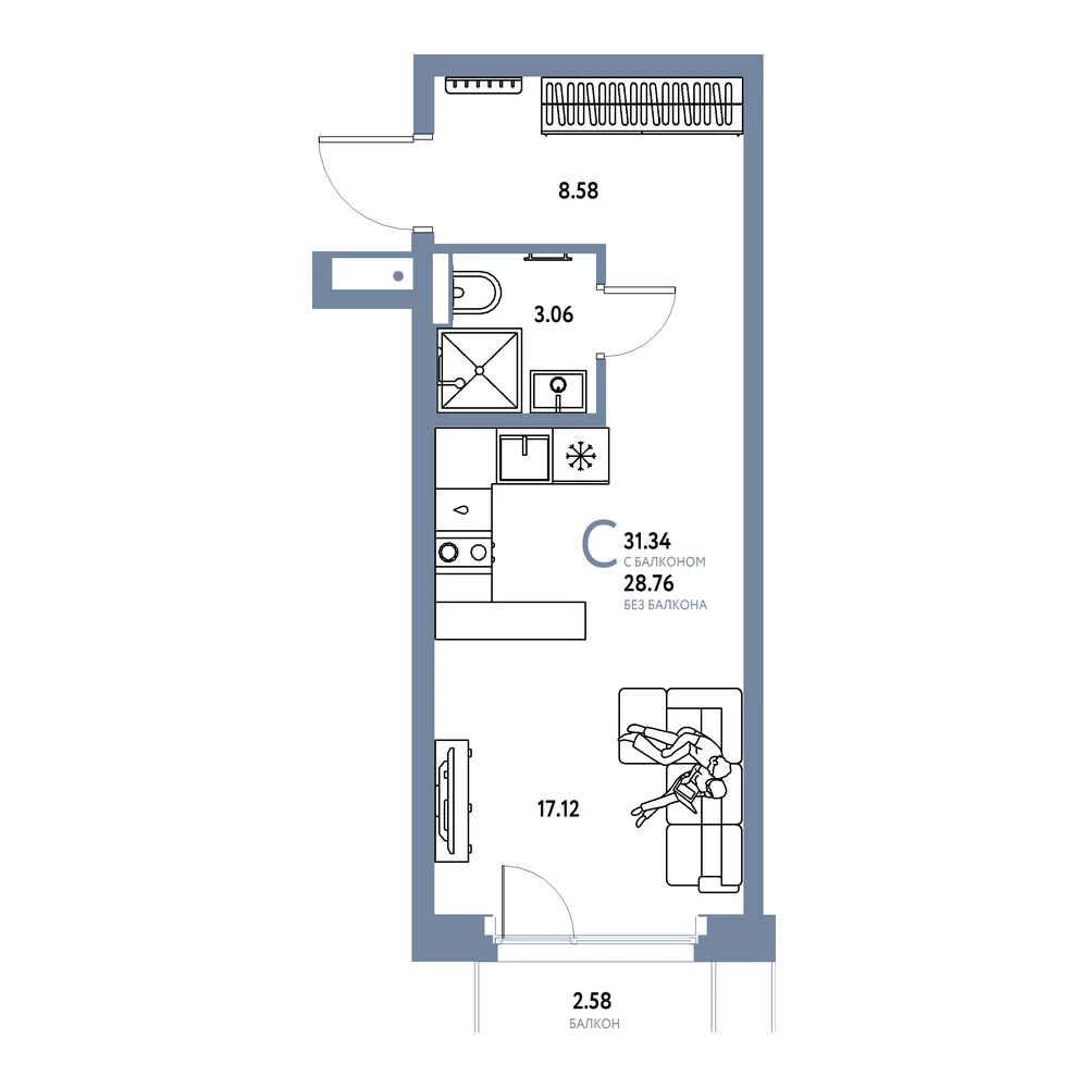 Планировка: Авторский Студия 31,34м²