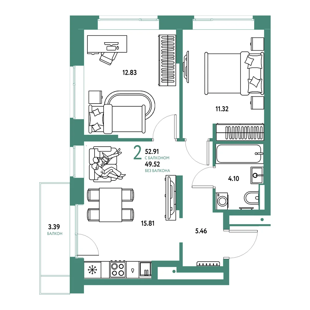 Планировка: Авторский 2-комнатная 52,91м²