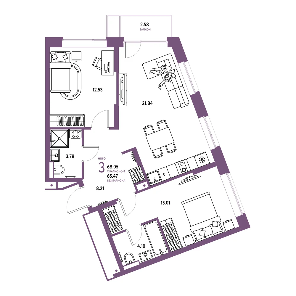 Планировка: Авторский 3-комнатная 68,05м²