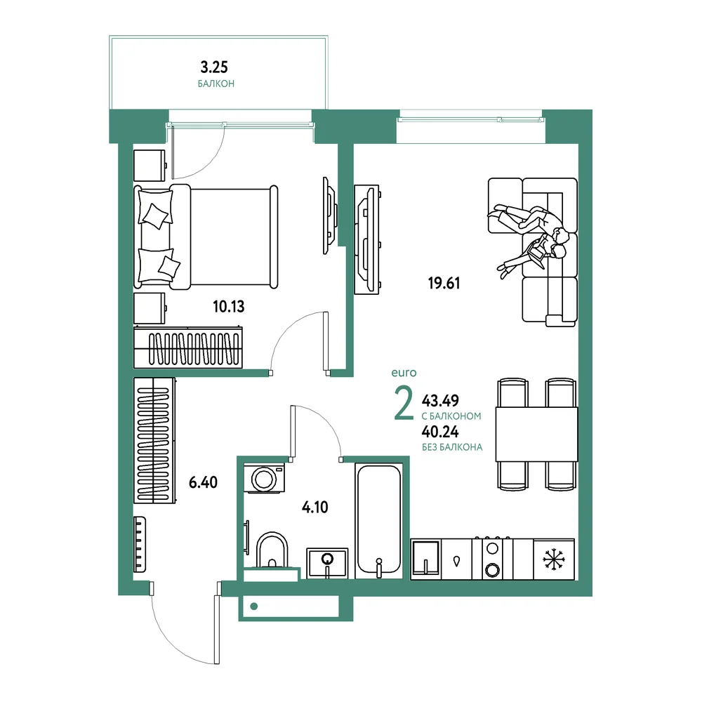 Планировка: Авторский 2-комнатная 43,49м²