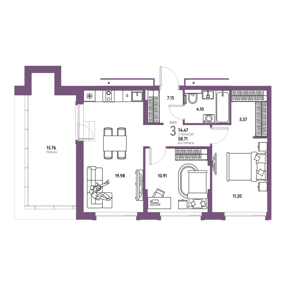Планировка: Авторский 3-комнатная 74,47м²