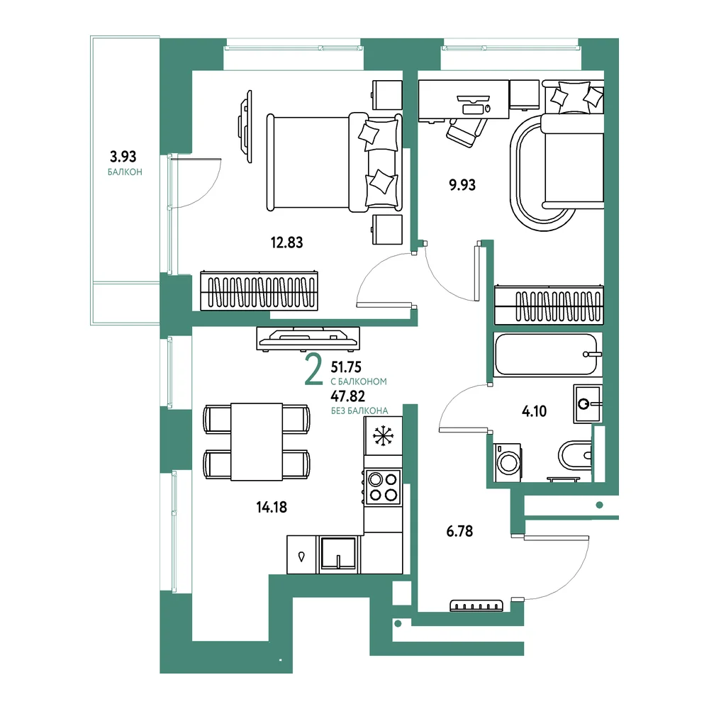 Планировка: Авторский 2-комнатная 51,75м²