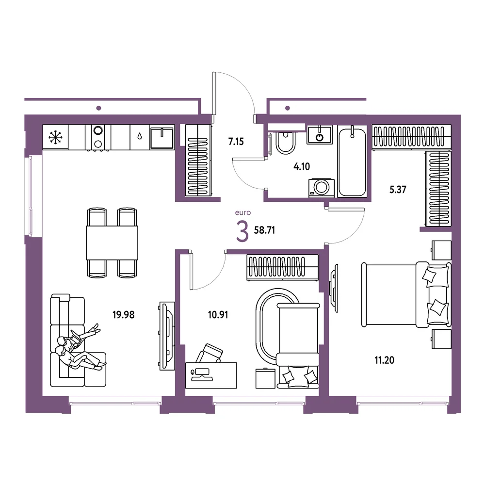 Планировка: Авторский 3-комнатная 58,71м²