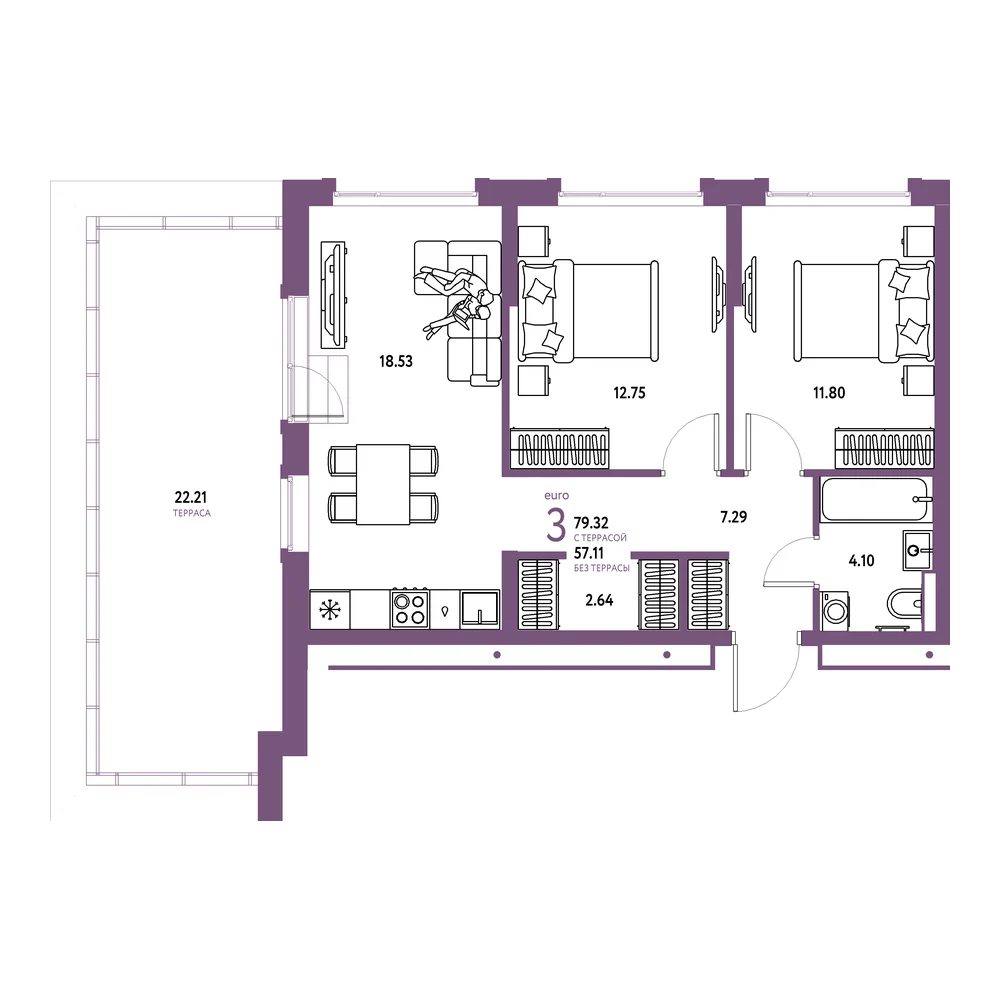 Планировка: Авторский 3-комнатная 79,32м²
