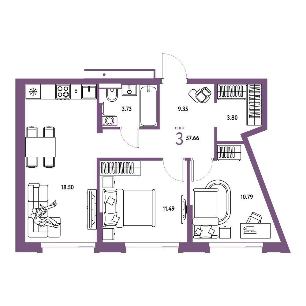 Планировка: Авторский 3-комнатная 57,66м²
