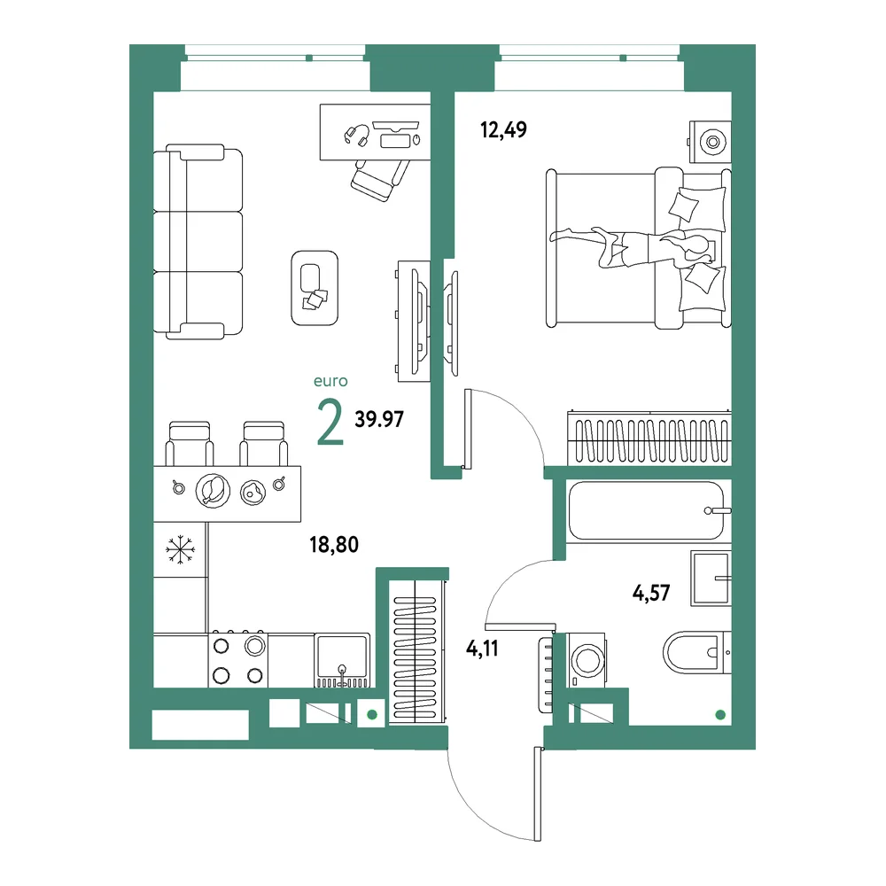 Планировка: Авторский 2-комнатная 39,97м²
