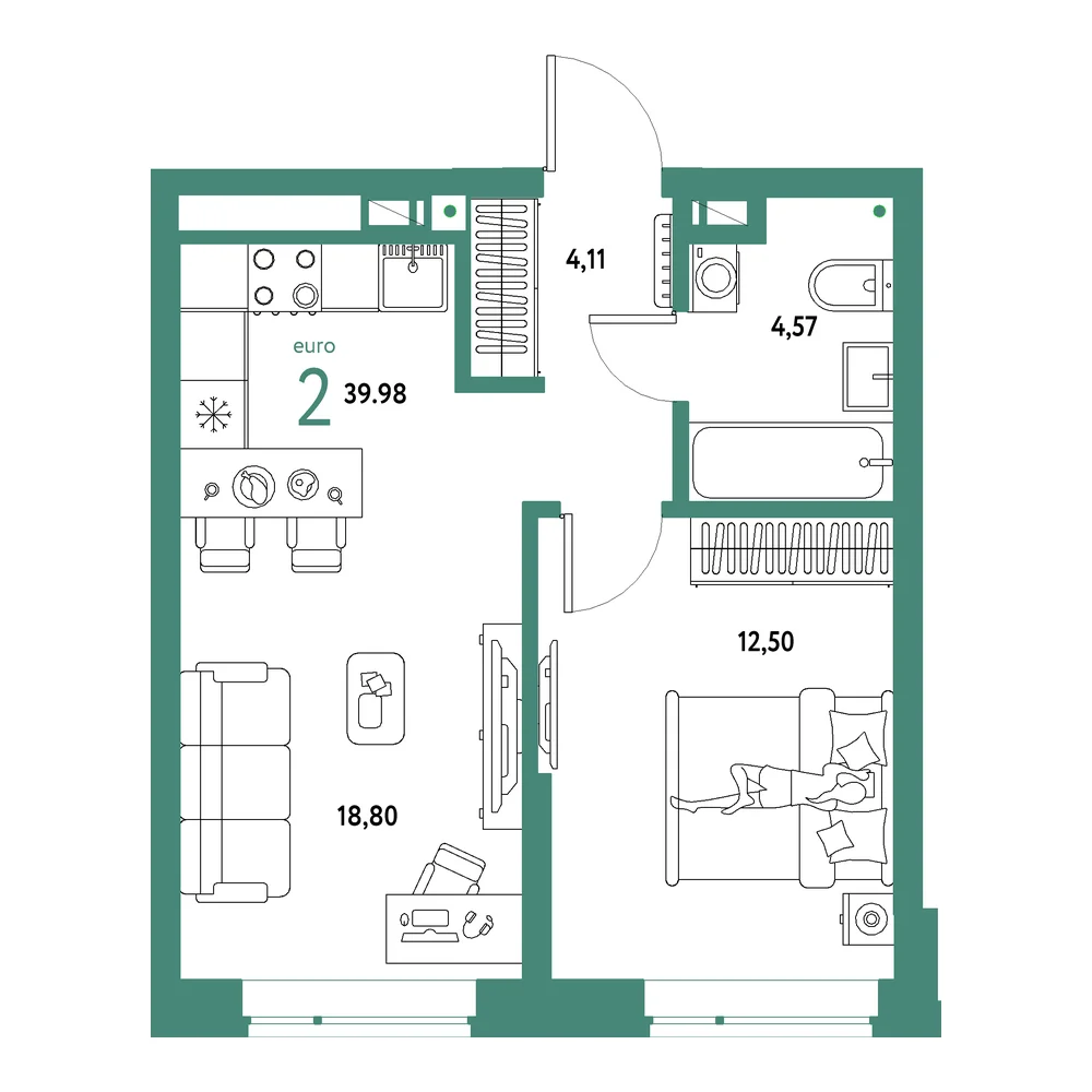 Планировка: Авторский 2-комнатная 39,98м²