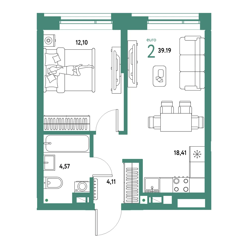 Планировка: Авторский 2-комнатная 39,19м²