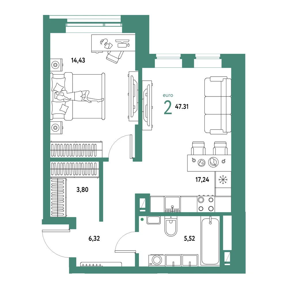 Планировка: Авторский 2-комнатная 47,31м²
