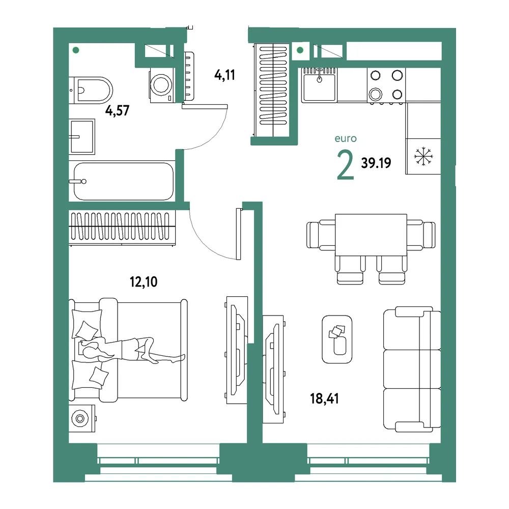 Планировка: Авторский 2-комнатная 39,19м²