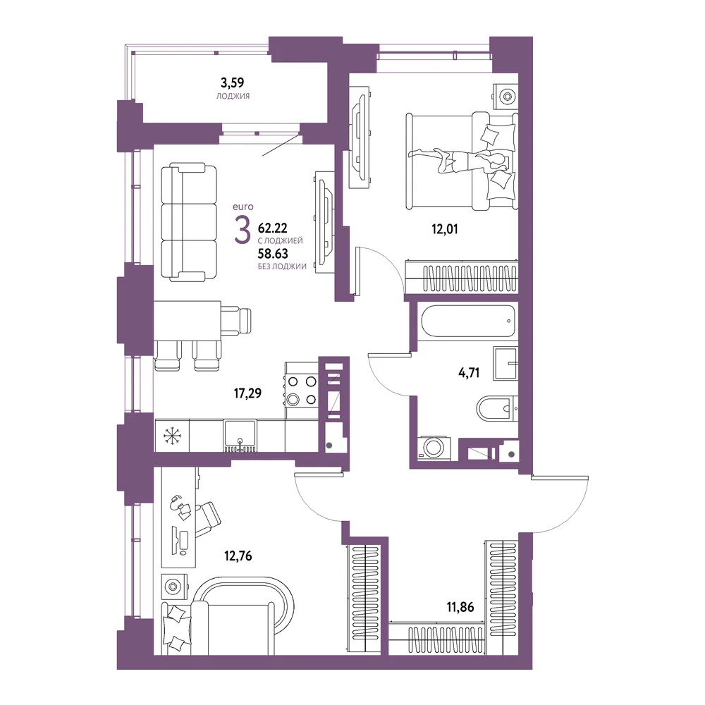 Планировка: Авторский 3-комнатная 62,22м²