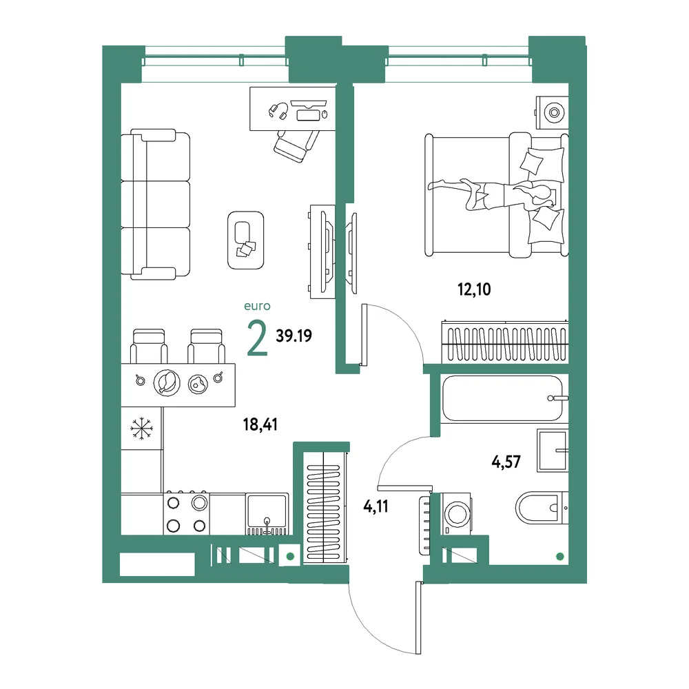 Планировка: Авторский 2-комнатная 39,19м²