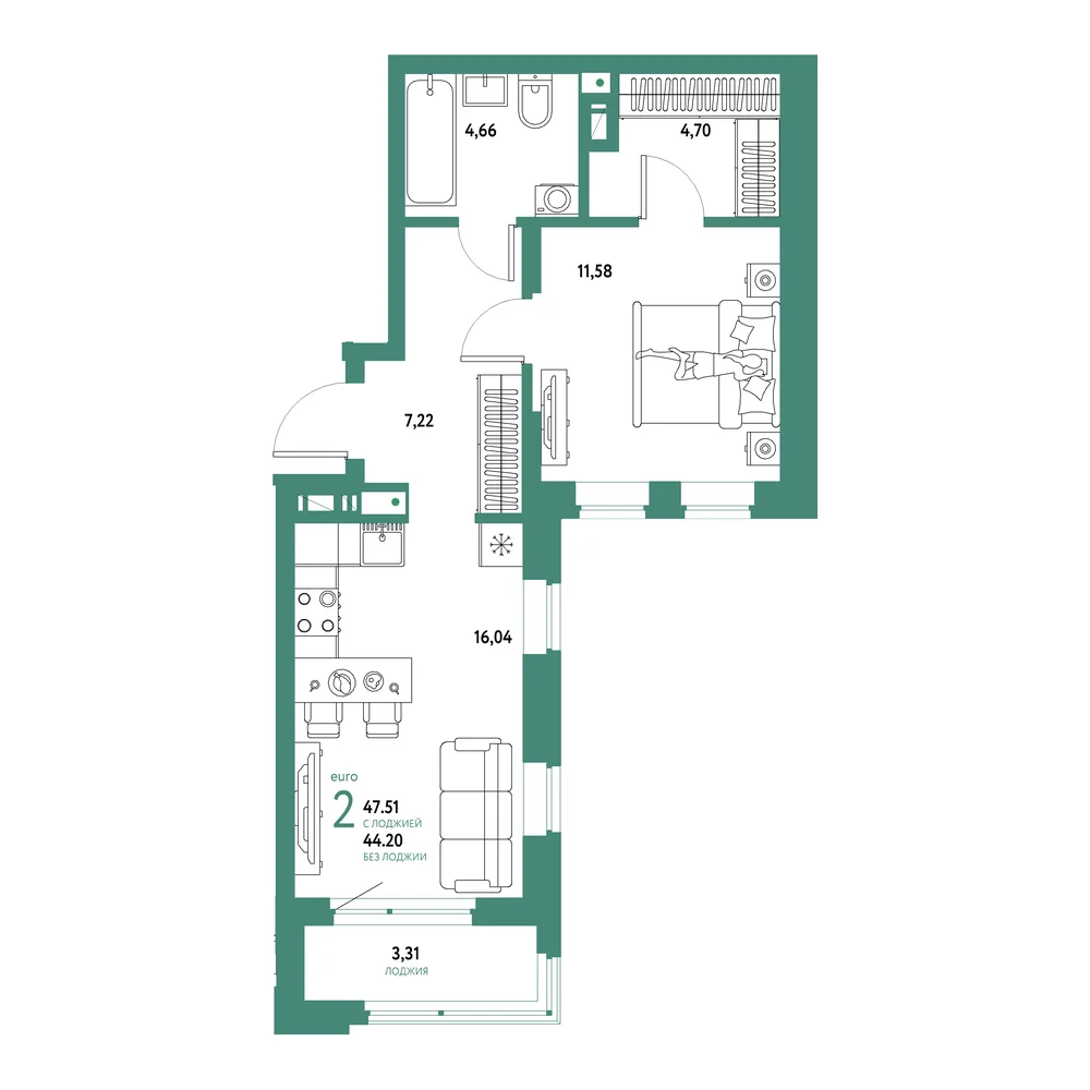 Планировка: Авторский 2-комнатная 47,51м²
